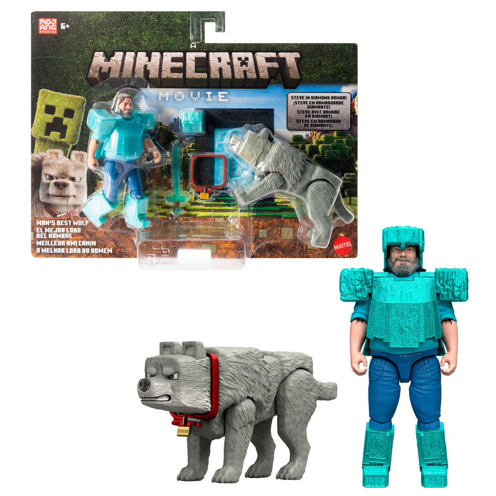 Set 2 figuras Steve & Wolf Minecraft La Pelicula