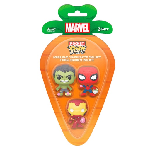 [889698771689] Blister 3 figuras Carrot Pocket POP Marvel Spiderman Hulk Iron Man Pascua